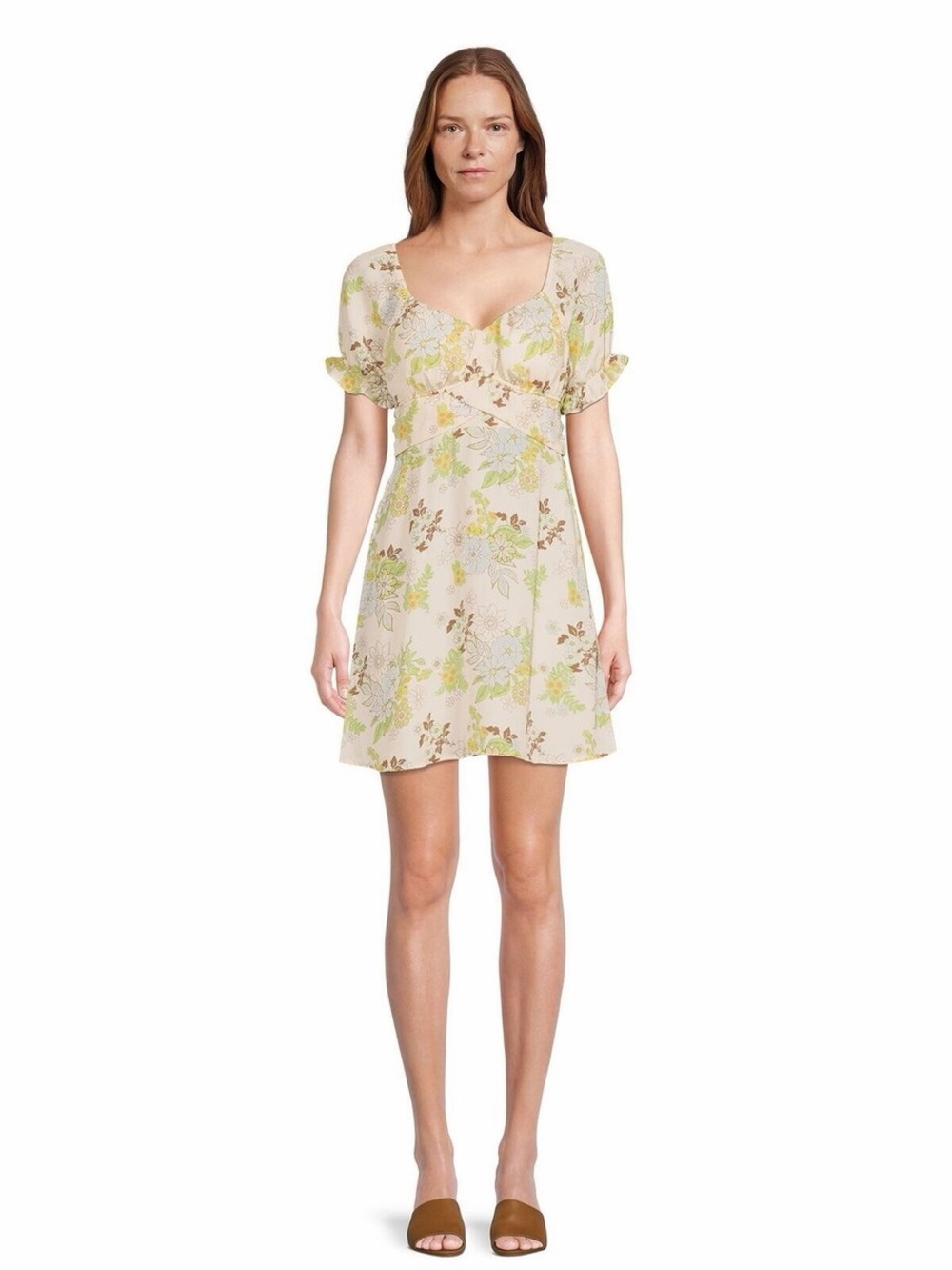 Cream Floral Puff-Sleeve Mini Dress